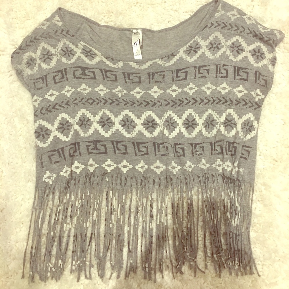 Gray fringe tribal print shirt